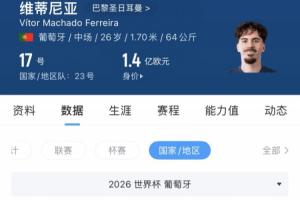 维蒂尼亚身价1.4亿欧，世界杯5场0球0助，仅2次关键传球-ov
